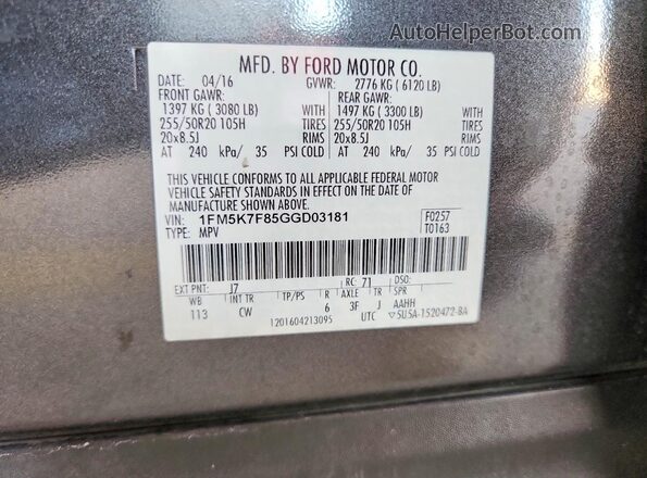 1FM5K7F85GGD03181 2016 FORD EXPLORER Gray VIN sticker view