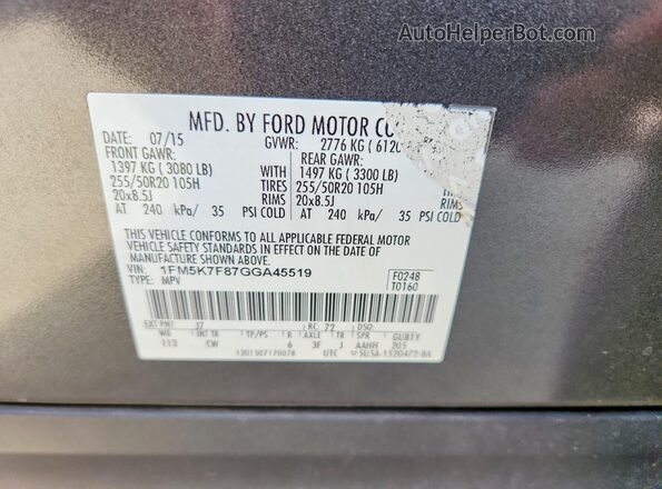 1FM5K7F87GGA45519 2016 FORD EXPLORER Gray 