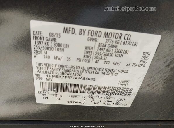 1FM5K7F87GGA84692 2016 FORD EXPLORER Gray Widok komory silnika