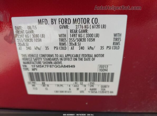 1FM5K7F87GGA84949 2016 FORD EXPLORER Red Widok komory silnika