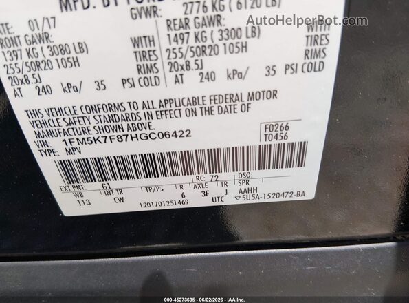 1FM5K7F87HGC06422 2017 FORD EXPLORER Black Widok komory silnika
