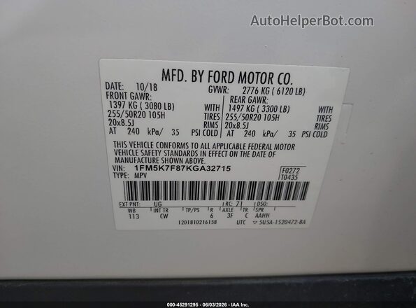 1FM5K7F87KGA32715 2019 FORD EXPLORER Белый Вид подкапотного пространства