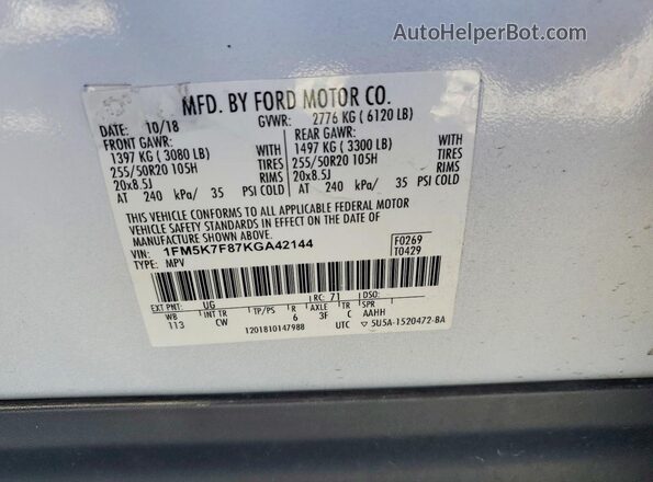 1FM5K7F87KGA42144 2019 FORD EXPLORER White VIN կոդի պիտակի տեսք