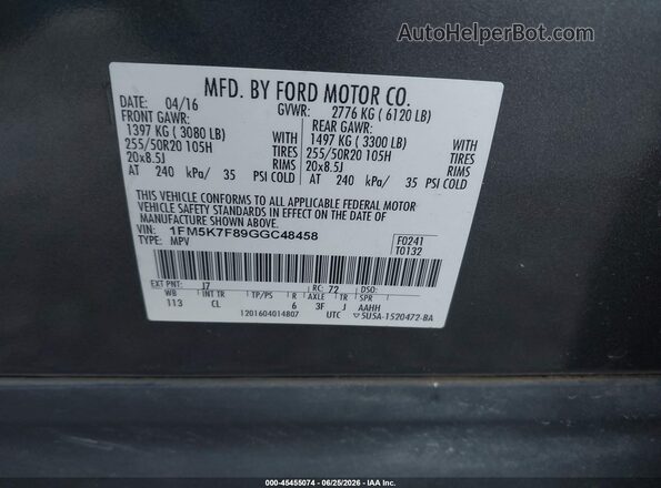 1FM5K7F89GGC48458 2016 FORD EXPLORER Gray Widok komory silnika