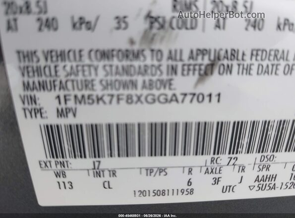 1FM5K7F8XGGA77011 2016 FORD EXPLORER Gray Widok komory silnika
