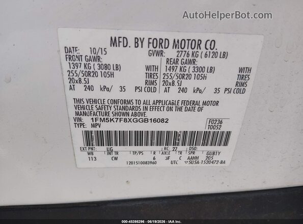 1FM5K7F8XGGB16082 2016 FORD EXPLORER White Вид підкапотного простору
