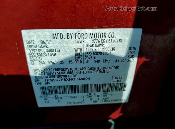1FM5K7F8XHGD48604 2017 FORD EXPLORER Красный Вид наклейки с VIN-кодом