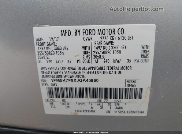 1FM5K7F8XJGA45960 2018 FORD EXPLORER Silver ძრავის განყოფილების ხედი