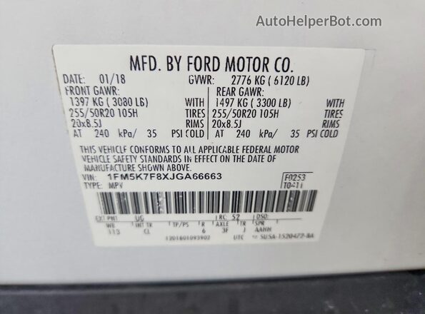 1FM5K7F8XJGA66663 2018 FORD EXPLORER White Widok naklejki z numerem VIN