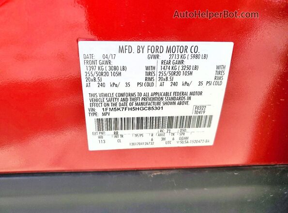 1FM5K7FH5HGC85301 2017 FORD EXPLORER Red 