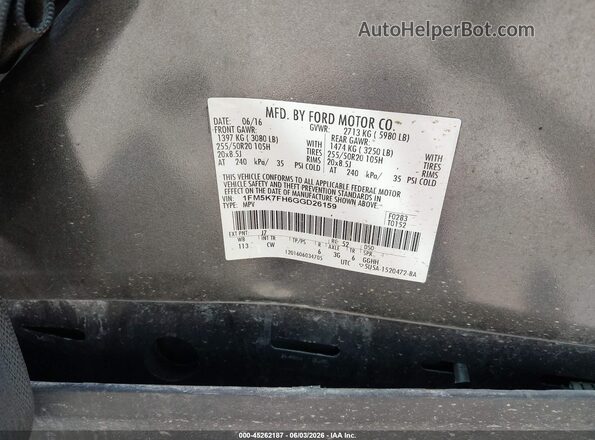 1FM5K7FH6GGD26159 2016 FORD EXPLORER Gray Вид підкапотного простору