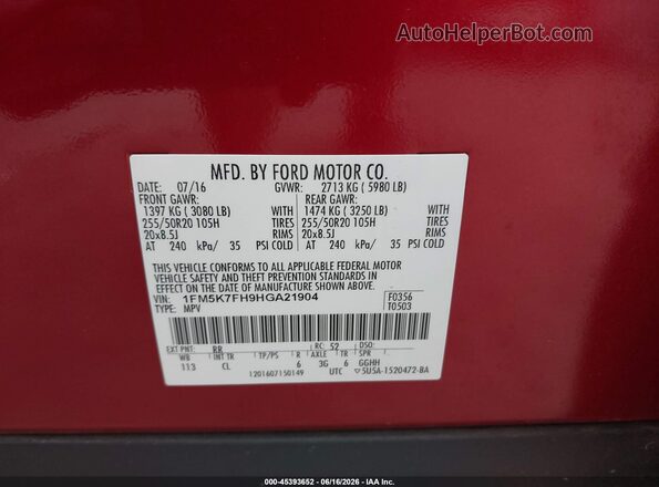1FM5K7FH9HGA21904 2017 FORD EXPLORER Red Vista del compartimento del motor