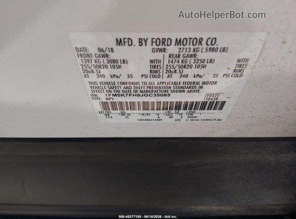 1FM5K7FH9JGC35085 2018 FORD EXPLORER White Engine compartment view