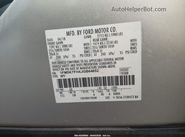 1FM5K7FHXJGB64852 2018 FORD EXPLORER Silver Widok komory silnika