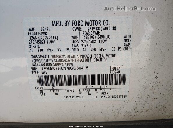 1FM5K7HC1MGC36415 2021 FORD EXPLORER Белый Вид подкапотного пространства