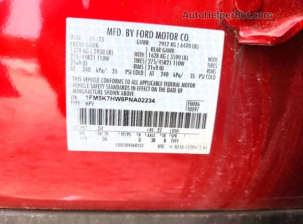1FM5K7HW8PNA02234 2023 FORD EXPLORER Red Widok naklejki z numerem VIN