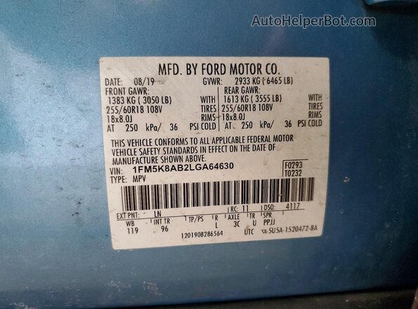 1FM5K8AB2LGA64630 2020 FORD EXPLORER Blue VIN կոդի պիտակի տեսք