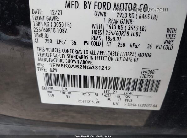 1FM5K8AB2NGA31212 2022 FORD POLICE INTERCEPTOR Black Вид підкапотного простору