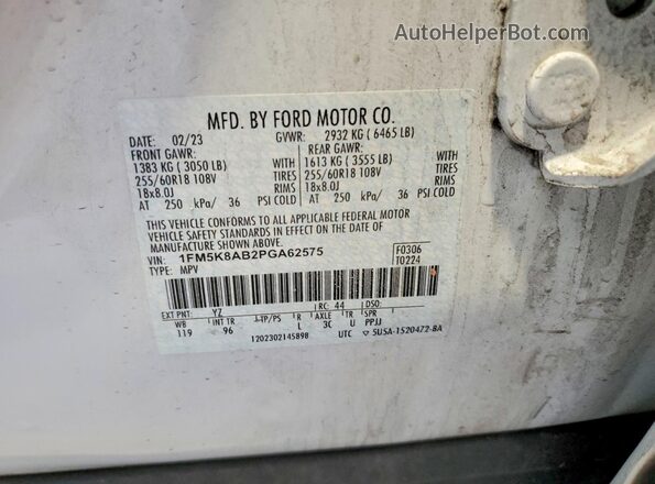 1FM5K8AB2PGA62575 2023 FORD EXPLORER White 