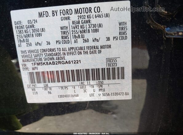 1FM5K8AB2RGA61221 2024 FORD POLICE INTERCEPTOR Black Vista del compartimento del motor
