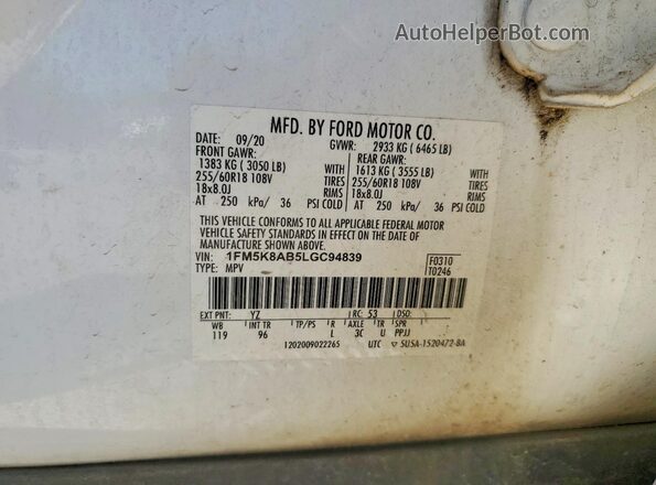 1FM5K8AB5LGC94839 2020 FORD EXPLORER White 
