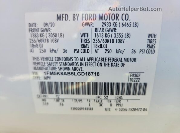 1FM5K8AB5LGD18718 2020 FORD EXPLORER White Widok wnętrza 360 stopni