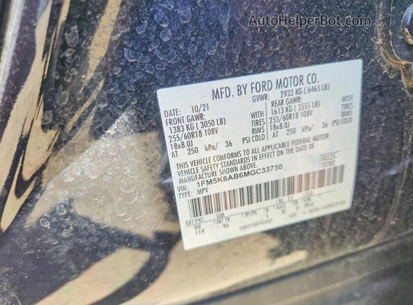 1FM5K8AB6MGC33730 2021 FORD EXPLORER Black VIN sticker view