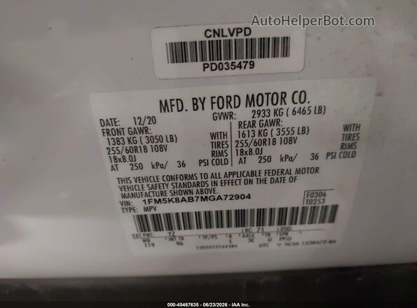 1FM5K8AB7MGA72904 2021 FORD POLICE INTERCEPTOR White Engine compartment view
