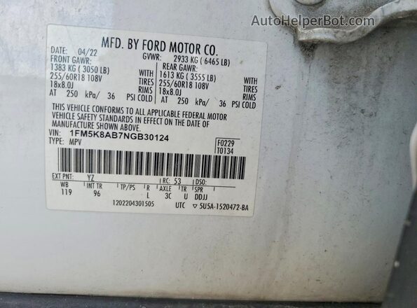 1FM5K8AB7NGB30124 2022 FORD EXPLORER White 