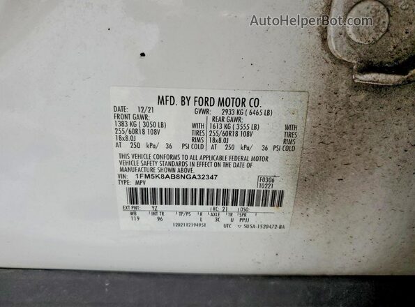 1FM5K8AB8NGA32347 2022 FORD EXPLORER White Սալոնի 360 աստիճան տեսք