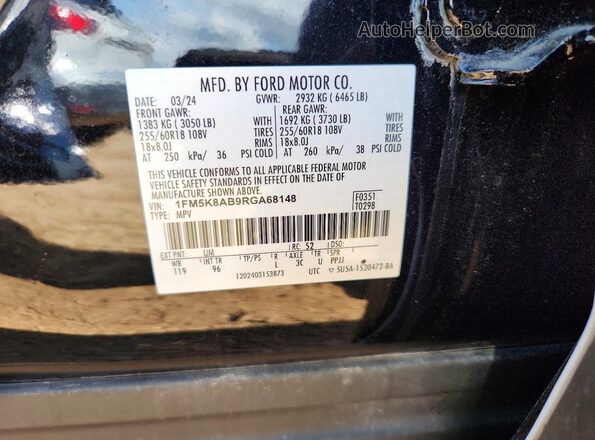 1FM5K8AB9RGA68148 2024 FORD EXPLORER Black Vista de la etiqueta del VIN