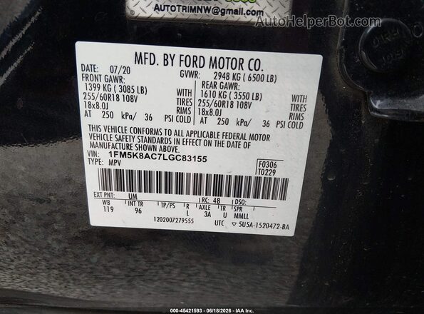 1FM5K8AC7LGC83155 2020 FORD POLICE INTERCEPTOR Black 