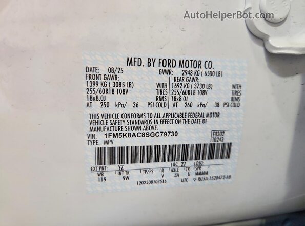 1FM5K8AC8SGC79730 2025 FORD EXPLORER Белый Вид наклейки с VIN-кодом
