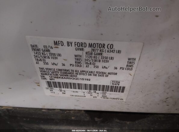 1FM5K8AR0GGC15192 2016 FORD UTILITY POLICE INTERCEPTOR White Engine compartment view