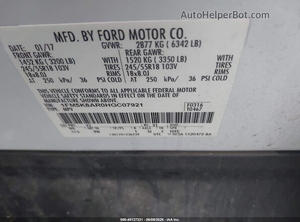 1FM5K8AR0HGC07921 2017 FORD UTILITY POLICE INTERCEPTOR Белый Вид подкапотного пространства