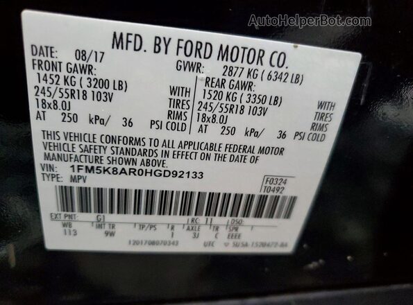 1FM5K8AR0HGD92133 2017 FORD EXPLORER White VIN կոդի պիտակի տեսք