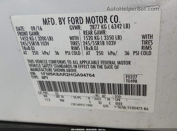 1FM5K8AR2HGA94764 2017 FORD UTILITY POLICE INTERCEPTOR White Вид підкапотного простору