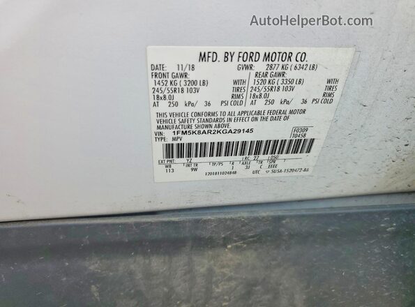 1FM5K8AR2KGA29145 2019 FORD EXPLORER White 