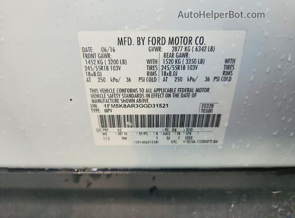 1FM5K8AR3GGD31521 2016 FORD EXPLORER White Vista de la etiqueta del VIN