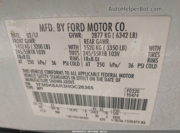 1FM5K8AR3HGC26365 2017 FORD UTILITY POLICE INTERCEPTOR White ძრავის განყოფილების ხედი
