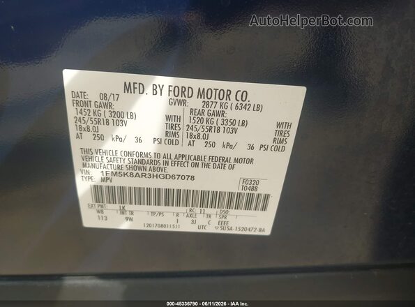 1FM5K8AR3HGD67078 2017 FORD UTILITY POLICE INTERCEPTOR Dark Blue Вид підкапотного простору