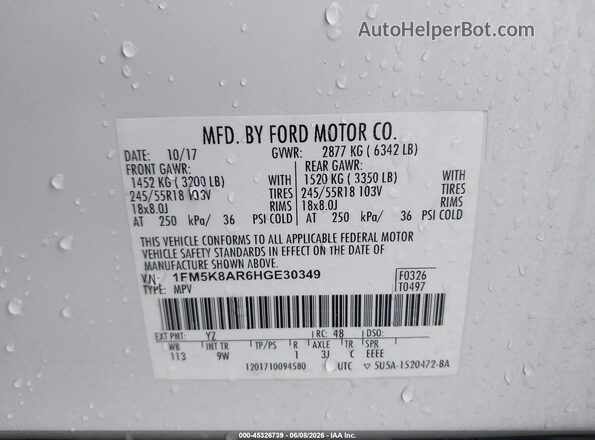 1FM5K8AR6HGE30349 2017 FORD UTILITY POLICE INTERCEPTOR White Engine compartment view