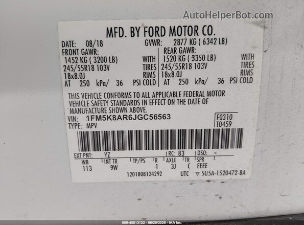 1FM5K8AR6JGC56563 2018 FORD POLICE INTERCEPTOR White Շարժիչի բաժամունքի տեսք