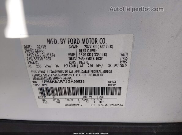 1FM5K8AR7JGA90523 2018 FORD POLICE INTERCEPTOR White Widok komory silnika