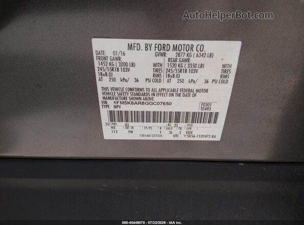 1FM5K8AR8GGC07650 2016 FORD UTILITY POLICE INTERCEPTOR Gray Vista del compartimento del motor