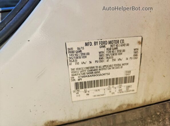1FM5K8AR9GGA36732 2016 FORD EXPLORER Белый Вид наклейки с VIN-кодом