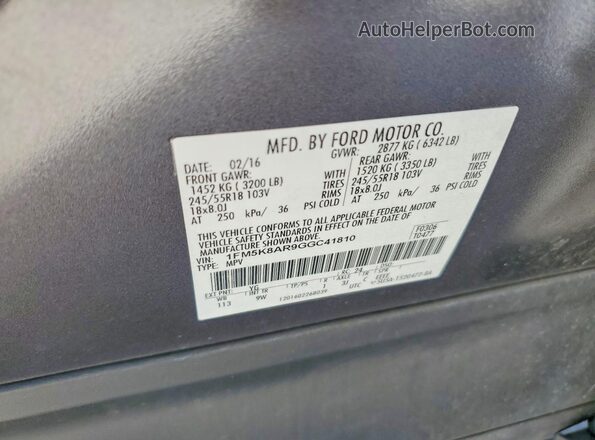 1FM5K8AR9GGC41810 2016 FORD EXPLORER Gray Вид підкапотного простору