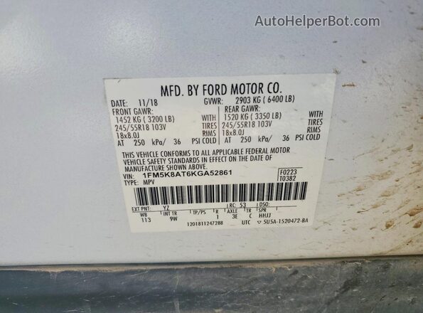 1FM5K8AT6KGA52861 2019 FORD EXPLORER White VIN კოდის სტიკერის ხედი