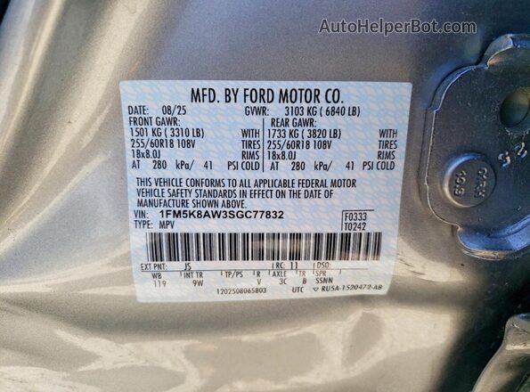 1FM5K8AW3SGC77832 2025 FORD EXPLORER Silver VIN sticker view