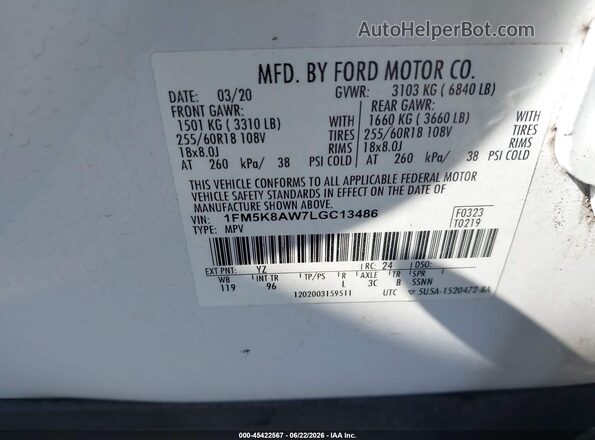 1FM5K8AW7LGC13486 2020 FORD POLICE INTERCEPTOR White Engine compartment view